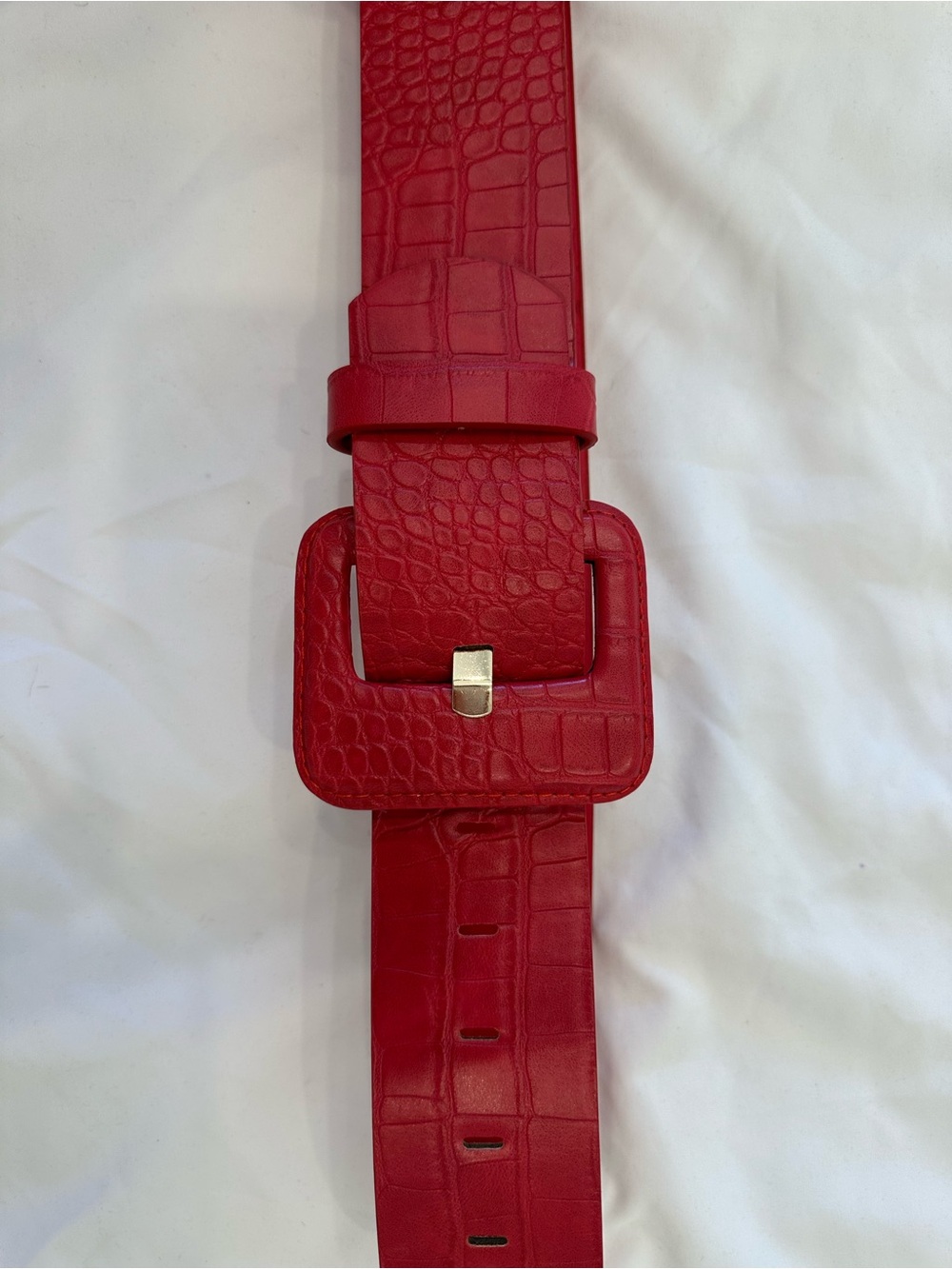 Red Croc-Embossed Wide Belt with Square Buckle